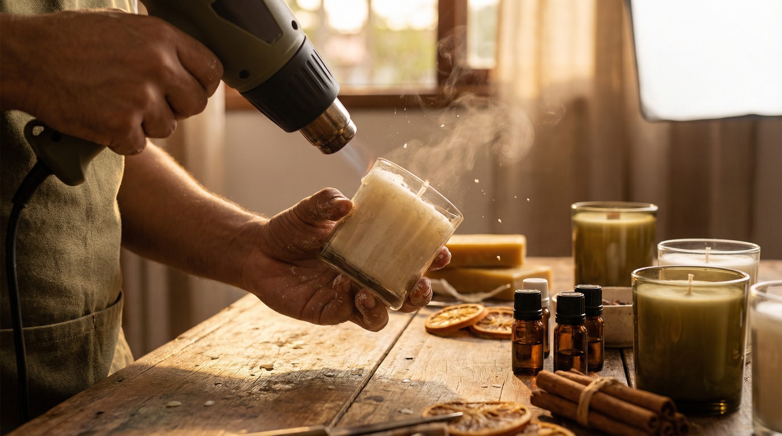 Soprador térmico nivela o topo rugoso das Velas e Aromas