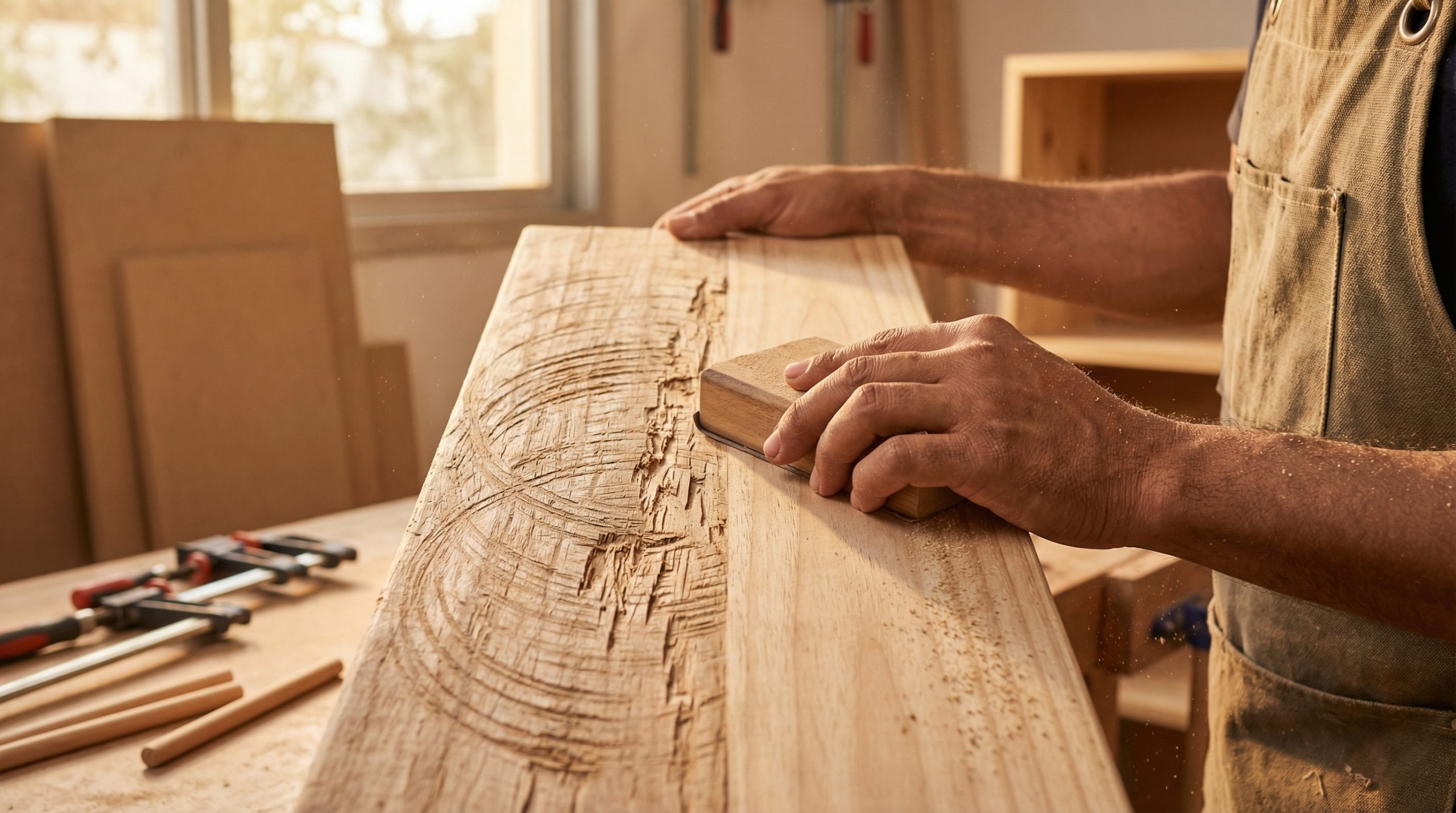 Lixar em círculos risca a Madeira e Montagem (siga o veio)